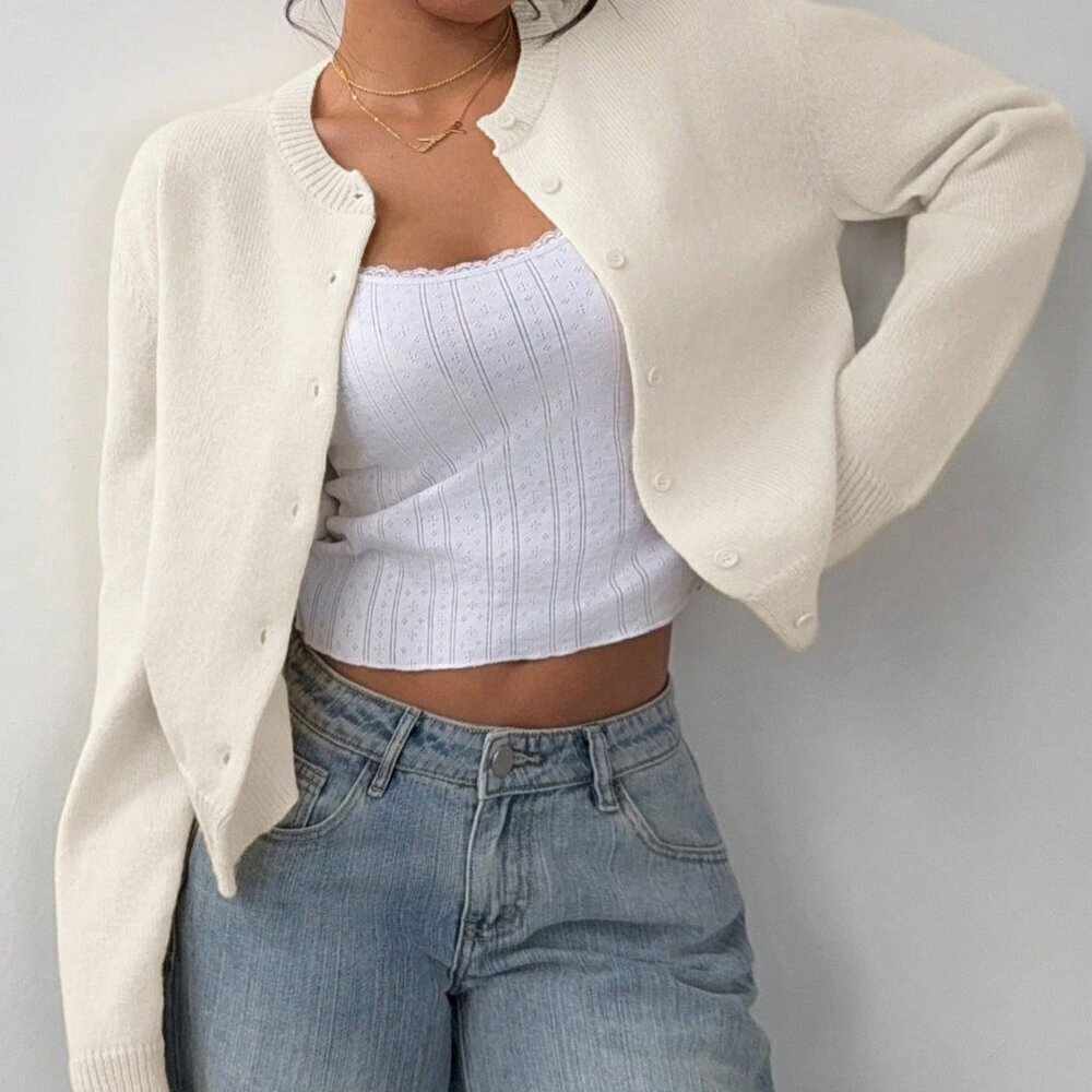 Beige Casual Women's Round Neck Long Sleeve Loose Cropped Sweater Cardigan - Picture 5 of 6